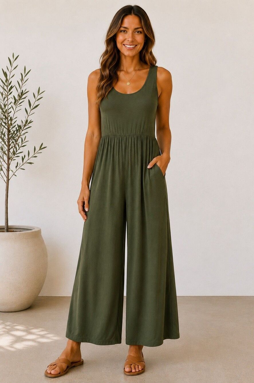 BTFBM Olive Green Jumpsuit Sleeveless Flowy M Minimalist Lounge Pocket NWT